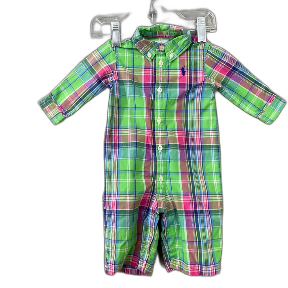Ralph Lauren Baby Plaid  Jumpsuit 3 Months green spring Easter Snap Button pony